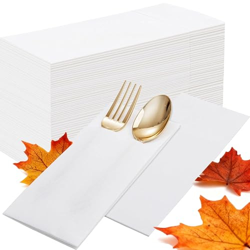 Joyido 100PCS White Paper Napkins with Built-in Flatware Pocket - Cloth Like Prefolded Disposable Napkins - Heavy-duty Linen-Feel Dinner Napkins for Party & Wedding & Dinner