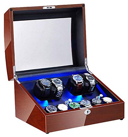 Remontoir automatique pour 4 + 6 montres - Éclairage LED - Peinture piano - Moteur silencieux - Adaptateur secteur et piles