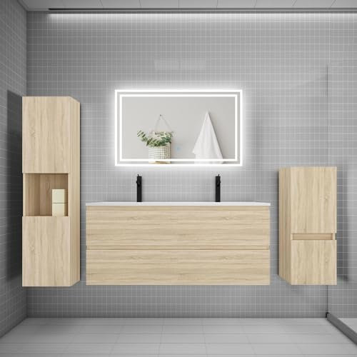 AICA Ensemble Meuble de Salle de Bain 120cm, Double Vasque + Colonne + LED Miroir,chêne