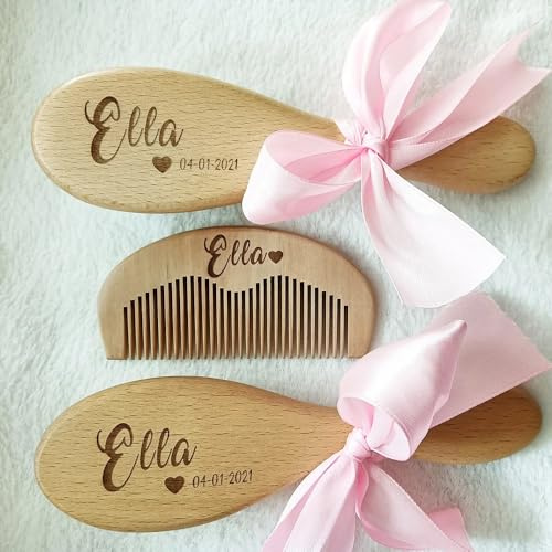 3 Satz Baby Haarbürste Personalisiert Mit Name, Babybürste Aus Holz, Ziegenhaare Extra Weich Für Babys Haare, Baby Bürste Zubehör, Neugeborenen Geschenk, Erstlingsausstattung