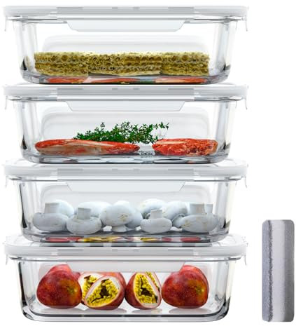 Bstask Glasbehälter mit Deckel, Set of 4 Vorratsdosen Glas mit deckel, Verstärkter Deckel mit Schnappverschluss, Großer Glasdose, BPA Free Vorratsbehälter Glas, Dishwasher Safe 1520ML ﻿