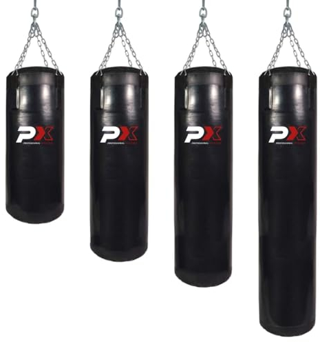 PX Allround Boxsack 30-35 kg gefüllt - schwarz 130 cm - Inkl. Stahlkette Aufhängung - Verstärktes Vinyl - Boxen, Kickboxen, Fitness, Training Zuhause
