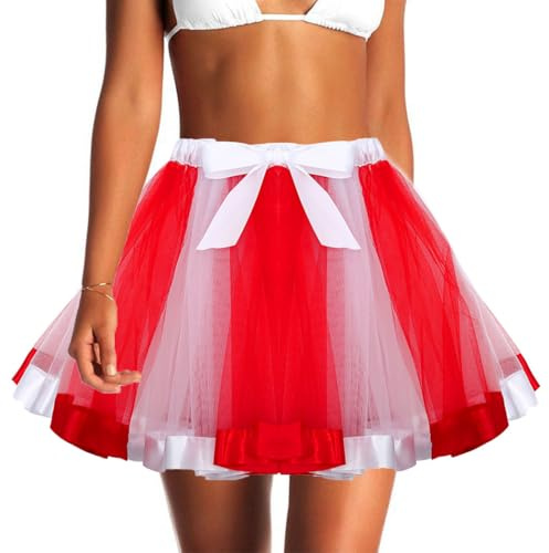 Jewemia Rainbow Tutu Skirts - Colorful Tulle Tutu for Christmas & Party Dance - Running Skirts for Women & Girls (US, Waist, 43, Regular, Red and White)