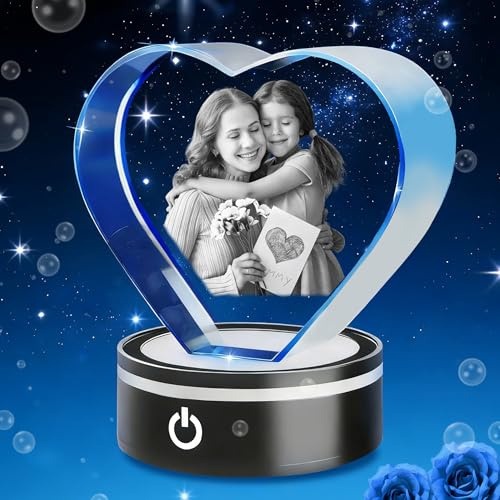 Photo de Cristal de Coeur Personnalisé Avec Base LED - Cadeau pour Noël, Anniversaire, Anniversaire - Image de Verre pour Hommes, Femmes, Maman, Papa