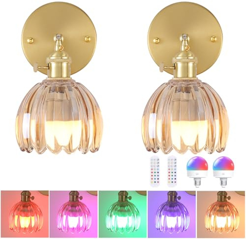 Set of 2 Battery Operated Wall Sconce, Rechargeable Wall Lamp with Remote Control & 12 RGB Colors - 3 Adjustable Color Temperatures, Dimmable Wireless Wall Lights for Bedroom Bathroom (Amber Tulip)