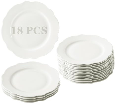 BABALIU 6 White Porcelain Small Dinner Plates Leave Wave Rim Set of 18