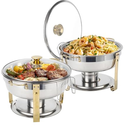 Chafing Disk Buffet Set, Chafing Disk Buffet Set med synligt glaslock, Rostfritt stål Runda Chafers Serveringsbuffévärmare for cateringfest Bröllop, Guld, 1Pack (Enfärgad, 2Pack)(2Pack)