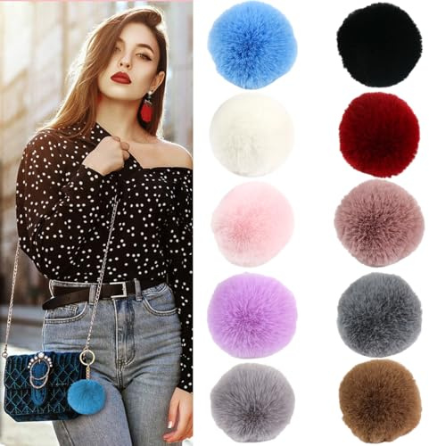 QEXUJOW Accesorios para punto y ganchillo,10 pompones de peluche, pompones de piel de zorro artificial para hacer tú mismo para sombreros, llaveros, bufandas y accesorios para bolsos