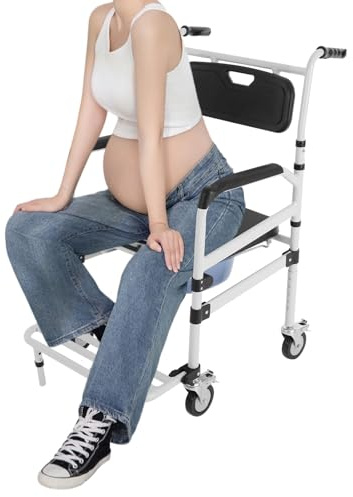 Fahrbarer Duschstuhl Toilettenrollstuhl Höhenverstellbar Toilettenrollstuhl mit Armlehne Rückenlehne und Toiletteneimer Tragfähigkeit 100kg für ältere Menschen, Behinderte Schwangere 56x90x101-111cm