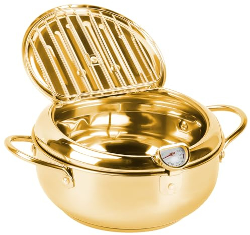 Fritteusentopf,Japanischer Frittiertopf aus Edelstahl,Tempura Fritteuse Topf Mit Deckel Und Abtropfgestell,Kleine Fritteuse für Tempura-Chips, Pommes, Fisch und Hähnchen (Gold, 20cm)