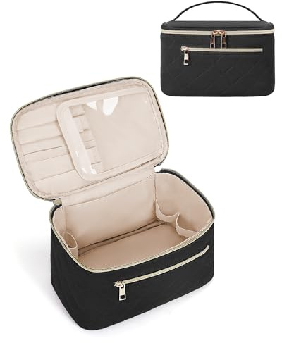 Kosmetiktasche Damen Reise Make Up Tasche Gesteppt Bürstenfach Organizer | Wasserabweisendes PU-Leder, mit Griff für Reise und Alltag