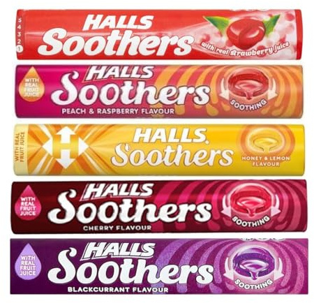 MM Halls Soothers Variety Pack 5x45g – Cherry, Strawberry, Peach & Raspberry, Blackcurrant, Honey & Lemon – Soothing Cough Sweets with Menthol for Sore Throats & Dry Mouth Relief