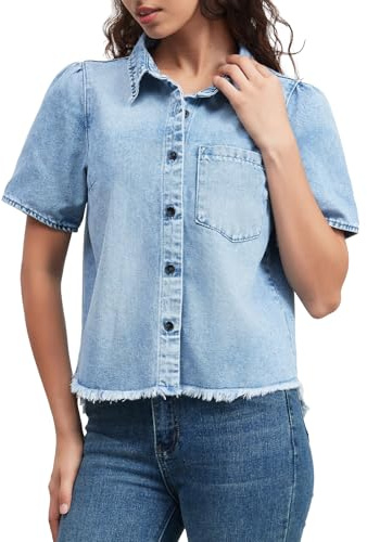 LifeShe Short Sleeve Denim Shirt for Women Summer Button Down Chambray Blouses Fringe Hem Jean Tops