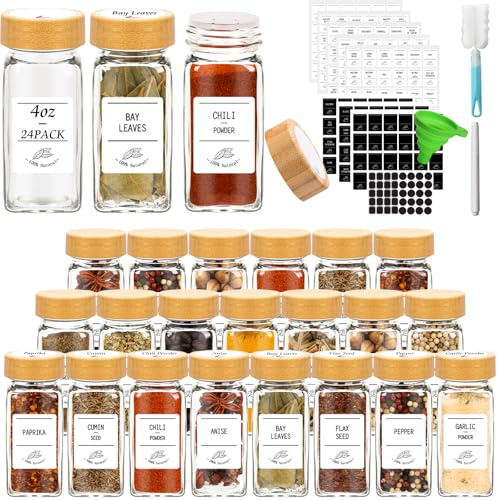 HYCKee Gewürzgläser mit Bambusdeckel, 120 ml, Glas-Gewürzgläser mit Etiketten, minimalistische, leere Gewürzetiketten, Aufkleber, schwarze Etiketten, Aufkleber, faltbarer Trichter, 24 Stück