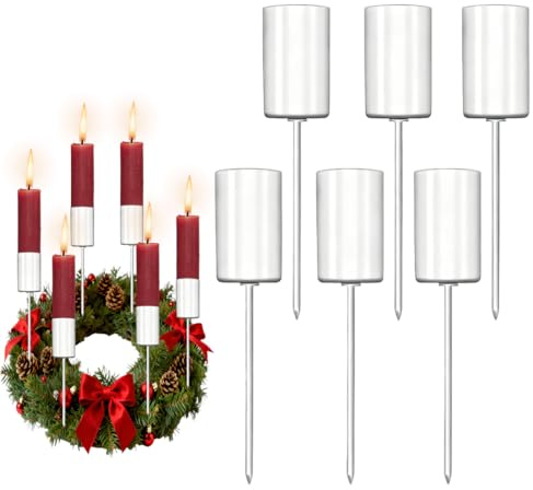 Adventskranz Kerzenhalter 6er Set, Stabkerzenhalter zum Stecken aus Metall in Weiß, ideal für DIY Adventskränze & Weihnachtsdeko, Kerzenstecker für Stabkerzen bis Ø 2.5cm