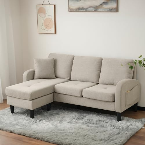 ANIROY L-shaped Corner Sofa Couch with Chaise Lounge, 3-Seater Sofa, Modular Sofa Set for Living Rooms, Apartments and Offices, 166 x 118 x 77 cm, Beige