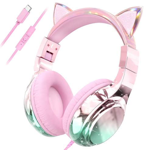 QearFun Kids Cat Ear Headphones with USB C for Girls with Microphone, 85/94dB Safe Volume Limiter, Tangle-Free Cord, Share Port, Foldable Sparkly Wired Headset for School, Travel, Tablet, iPad