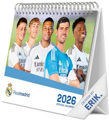 Grupo Erik Calendario Real Madrid sobremesa 2026 - Almanaque de mesa 2026 Con espacio para Anotar, Vista Mensual global, Ilustraciones y Base resistente (19,5 x 16,5cm)
