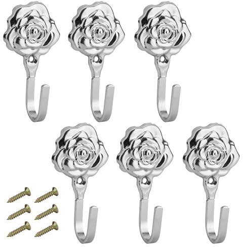 LELE LIFE 6 Stück Vintage Dekorative Wandhaken, Garderobenleiste Wandhalterung Metall Handtuchhaken für Badezimmer Hängende Mäntel, Taschen, Schlüssel, Silber
