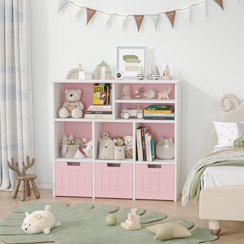 Niwugady Kinderregal, Spielzeugaufbewahrung für Kinder, Aufbewahrungsschrank, Spielzeugschrank, Aufbewahrungsbox mit Rollen, Spielzeugregal, für Kinderzimmer, 100 x 33 x 89 cm, Rosaweiß