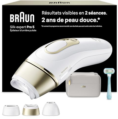Braun Epilierer Lumiere Pulsee Silk·Expert Pro 5 PL5311, Weiß und Gold | Laseralternative zu Hause, kabelgebunden, mit Tasche, Gillette Venus Rasierer, 3 Köpfe