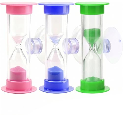 Lot De 3 Sablier De 3 Minutes pour Brosse À Dents des Enfants avec Ventouse, Mini Minuteurs pour Brossage Dents Enfant, Horloge Gestion du Temps pour Jeux, Exercice, Etude