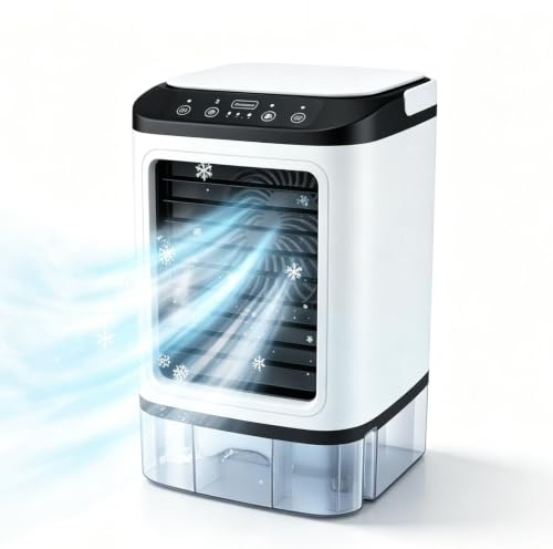 Enfriador de aire evaporativo portátil 3 en 1, ventiladores de aire acondicionado personal y refrigeración, alimentado por USB, 3 velocidades, spray de niebla doble, tanque de agua de 900 ml