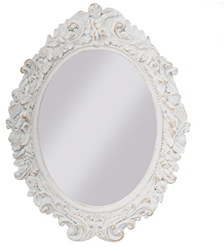 elbmöbel Wandspiegel Barock oval Weiß - Shabby Chic Holzrahmen | Ovaler Vintage Spiegel mit Engelverzierungen – Flurspiegel & Badspiegel, B43 x H50 cm, Holz & Gips