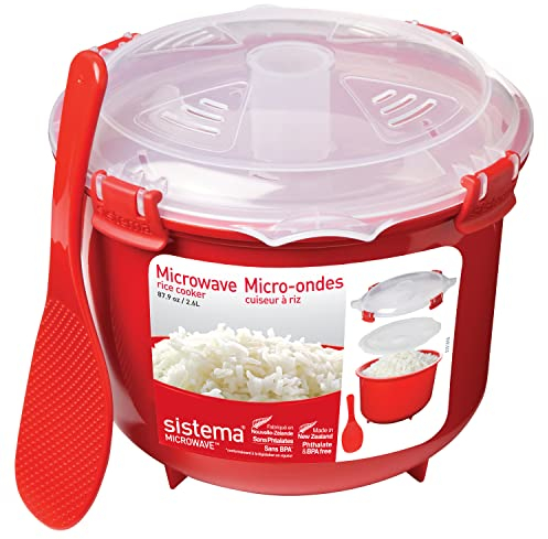 Sistema Microwave Rice Cooker | Perfect for Cooking Rice, Polenta & Couscous | Medium 2.6 L | BPA-Free Non-stick with Lid | Red/Clear