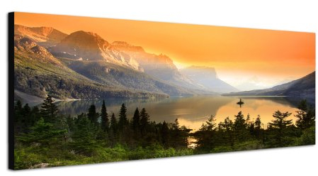 Paul Sinus Art Panoramabild auf Leinwand und Keilrahmen 120x40cm Nationalpark Bergsee Berge Wald Abendlicht