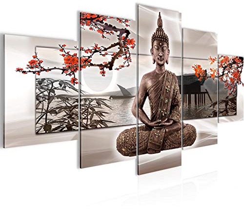 Runa Art Bild Wohnzimmer Schlafzimmer Buddha Feng Shui 5 Teilig Kirschbaum Beige Rot Wandbilder auf Vlies Leinwand 503253c