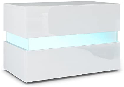 Vladon Nachttisch Flow, Made in Germany, Nachttischschrank mit Schublade Weiß matt/Weiß Hochglanz, inkl. LED-Beleuchtung (60 x 45 x 39 cm)