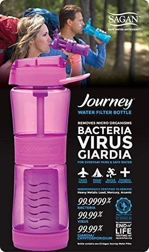 le SaganTM JourneyTM Gourde avec filtre Retire BACTÉRIES,VIRUS,CRYPTOSPORIDIUM et autres contaminants de n'importe quel sel non eau source. retire: lourd métaux c'est à dire Câble,Mercury et Arsenic.