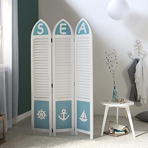 Homestyle4u 1823, Paravent Raumteiler 3 teilig Kiefer Holz Trennwand Sichtschutz Maritim Weiß Blau