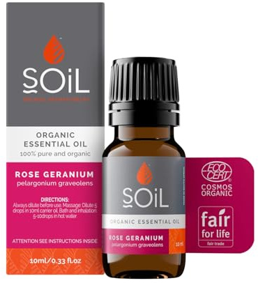 SOiL Organic Rose Geranium Essential Oil (Pelargoneum Graveolens) - 100% Pure and Natural - Certified Organic - Single Ingredient - Vegan - Non GMO - 10ml