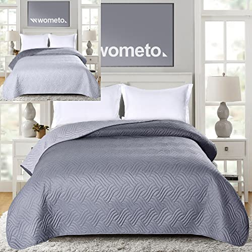 wometo Couvre-lit 220 x 240 cm - oekoTex - Housse en microfibre - Gris clair - Rembourré - Design réversible - XXL