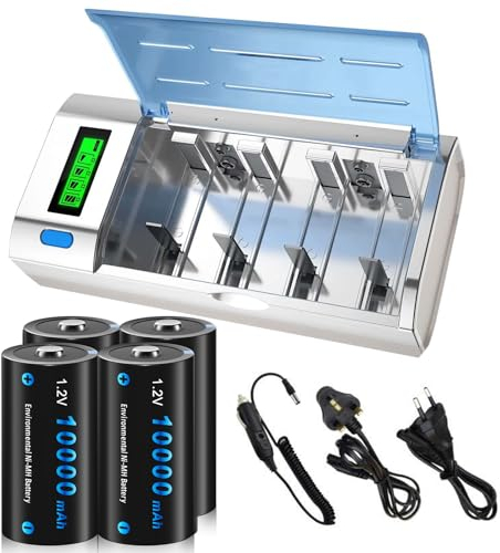 CITYORK Chargeur de Batterie Universel pour écran LCD avec Fonction de décharge pour Batteries AA, AAA, C, D, 9V NI-MH NI avec 4 Batteries NI-MH D Taille 10000mAh