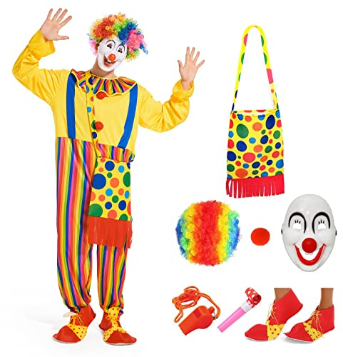 VKI® Set da Costumi da Clown Adulto, Vestiti da Clown, Parrucca, Maschera, Naso, Borsa, Scarpe, Accessori per Costumi di Halloween, Oggetti di Scena da Circo, Cosplay di Carnevale