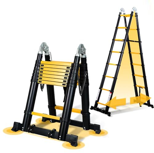Yakimz 5(2.5+2.5) M Teleskopleiter Klappleiter Aluminium mit Tragegriff, Rutschfester Teleskop Mehrzweckleiter Tragbar Alu Leiter, Aluminiumleiter Maximale Tragfähigkeit 150kg/330 Pfund