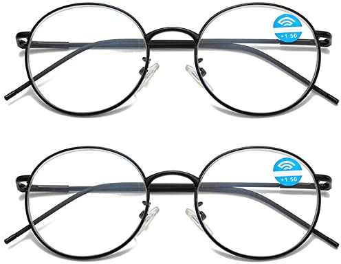 Lanomi Lesebrille Blaulichtfilter Damen Herren Rund Metall Dünner Rahmen Oval Computer Sehhilfe Lesebrille UV400 Schutz Nerd ArbeitBrille 2 Stück Schwarz 1.0