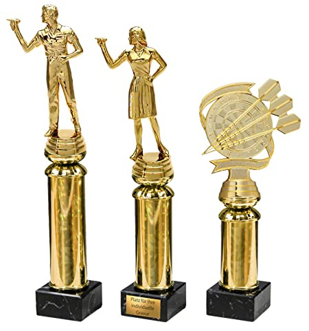 eberin · Dart Pokale 3 Figuren Mann, Frau, Dartscheibe/Dartpfeile auf Goldsäule/Marmor schwarz · Dart Trophäe · Dart Preis · Dartclub Award · Pokal mit Gravur ·