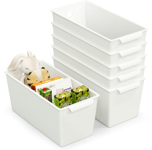 POPU BERRY Plastic Storage Bins 6 Pack, Front Handle Design, 11x5 Pantry Organization and Storage Open Top Baskets for Shelves Closet Cabinet Sink Counter Cupboard Drawer Rridge (White)