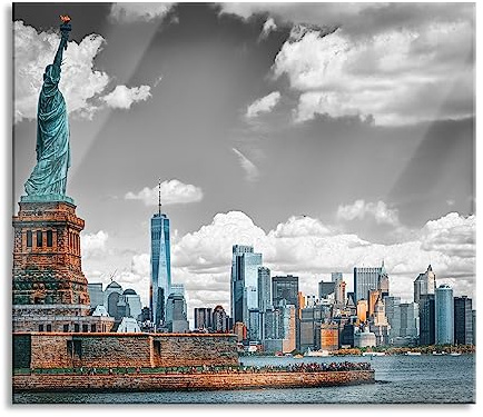 Freiheitsstatue mit New Yorker Skyline B&W Detail Herdabdeckplatte & Spritzschutz aus Echtglas | Für Herd-Kochfelder | 60x52 cm