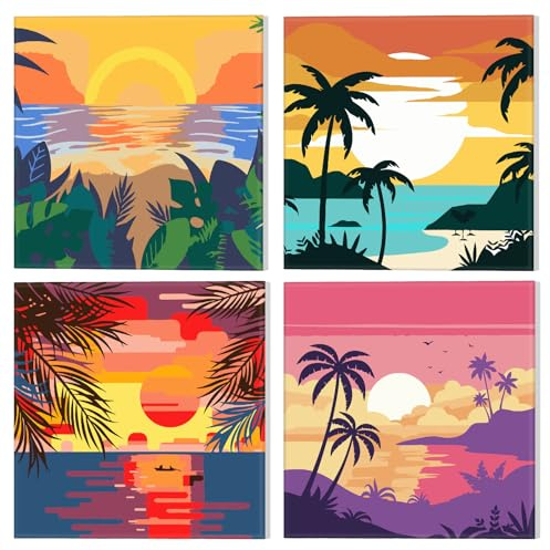 NAIMOER 4 Stück Gerahmt Malen Nach Zahlen Kinde Kit, DIY Landschaft Malen Nach Zahlen Kinder Erwachsene, Mond Malen nach Zahlen Kits Cartoon Malen nach Zahlen Leinwand für Home Decor (8x8in)