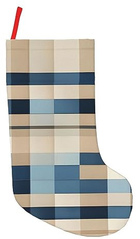 Weihnachtsstrümpfe, quadratisches Muster, Blau, Beige, beste Feiertagsdekoration, einzigartige Weihnachtsstrumpf-Dekoration