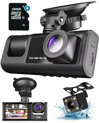 Fleau Tech Dashcam für Auto 3 in 1 – Vorder- und Rückkamera – Bewegungserkennung und Parkmodus – G-Sensor – Full HD – 170°-Weitwinkelobjektiv – Loop-Aufnahme – Micro-SD-Karte 32 GB