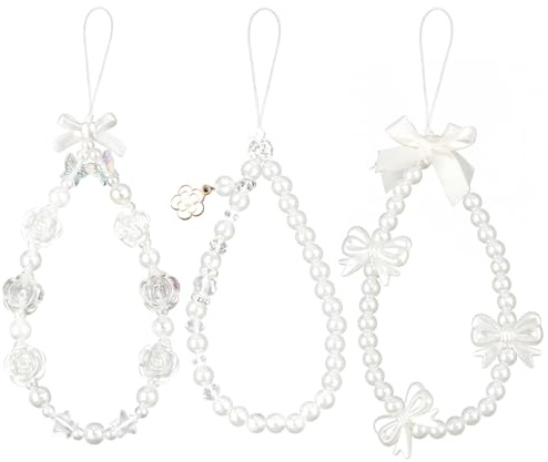 NQEUEPN 3stk Perlen Handy Armband, Weiße Perlenschleife Handy-Anhänger Rosenblüten Handykette Lanyard Y2K-Handy-Armband für Frauen Mädchen