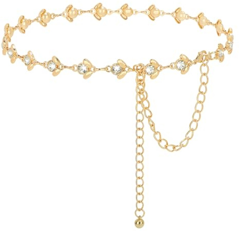 WHIPPY Multi Layer Metal Waist Chain Belt for Women Girls Adjustable Fashion Bling Body Link Gold Belt for Jeans Trousers Dresses,Gold(flower), fit waist size up to 54
