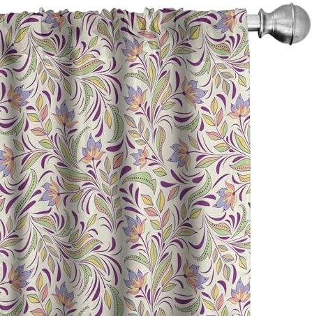 ABAKUHAUS Abstrakt Vorhänge 2er-Pack, Bouquet von Flieder und Veilchen Blühende Frühling Natur Blumen, Vorhang für Wohnzimmer Schlafzimmer, 4 Stück 150 cm x 175 cm, Hellgrün Lavendel Creme