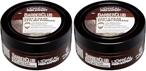 L'Oréal Men Expert Bart Styling Pomade per uomo, cera per capelli e barba per uno stile definito, cura della barba da uomo con profumo legnoso e olio essenziale di legno di cedro, Barber Club, 1 x 75